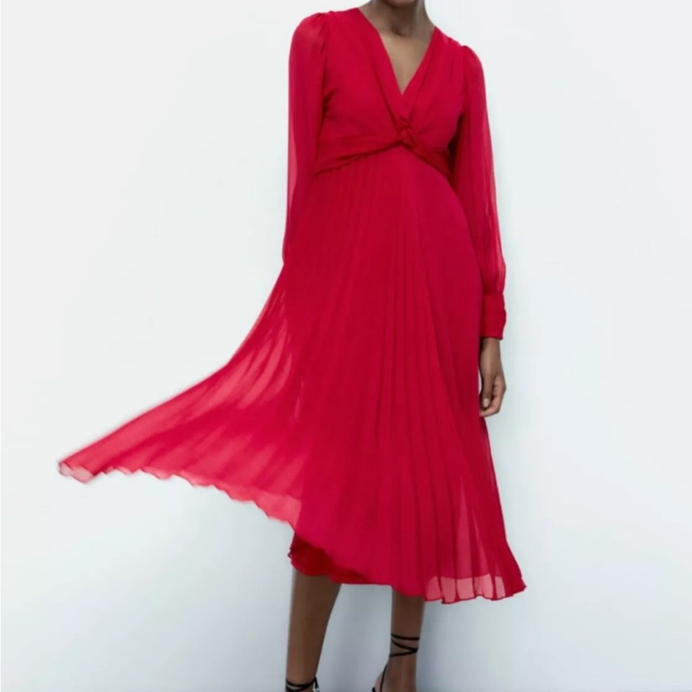 zara pleated midi dress cranberry color